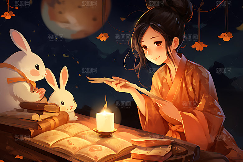 玉兔和女孩艺术卡通风格插画