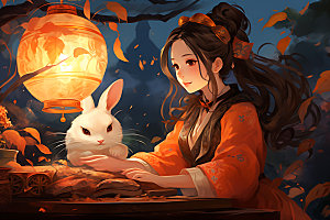 玉兔和女孩月圆唯美插画