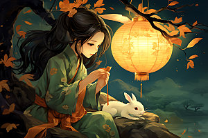 玉兔和女孩传统文化月圆插画