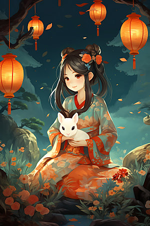 玉兔和女孩月圆中秋节插画