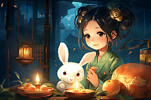 玉兔和女孩中国风唯美插画
