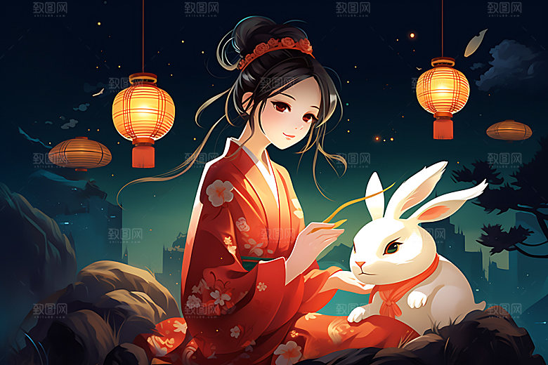 玉兔和女孩卡通风格手绘插画