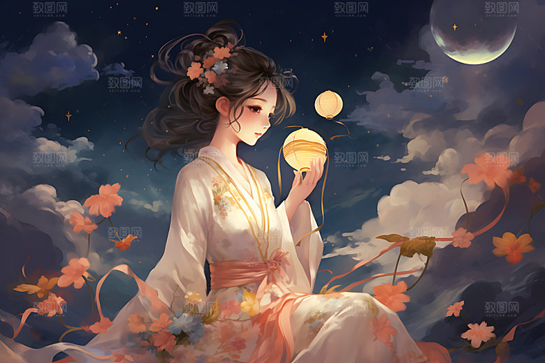 玉兔和女孩传统文化中秋节插画