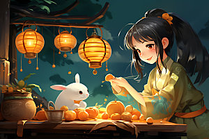 玉兔和女孩月圆中国风插画