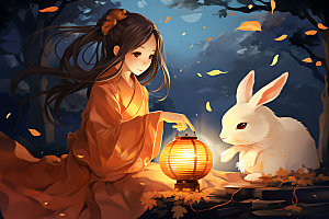 玉兔和女孩中秋节艺术插画