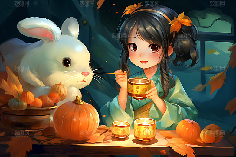 玉兔和女孩艺术唯美插画