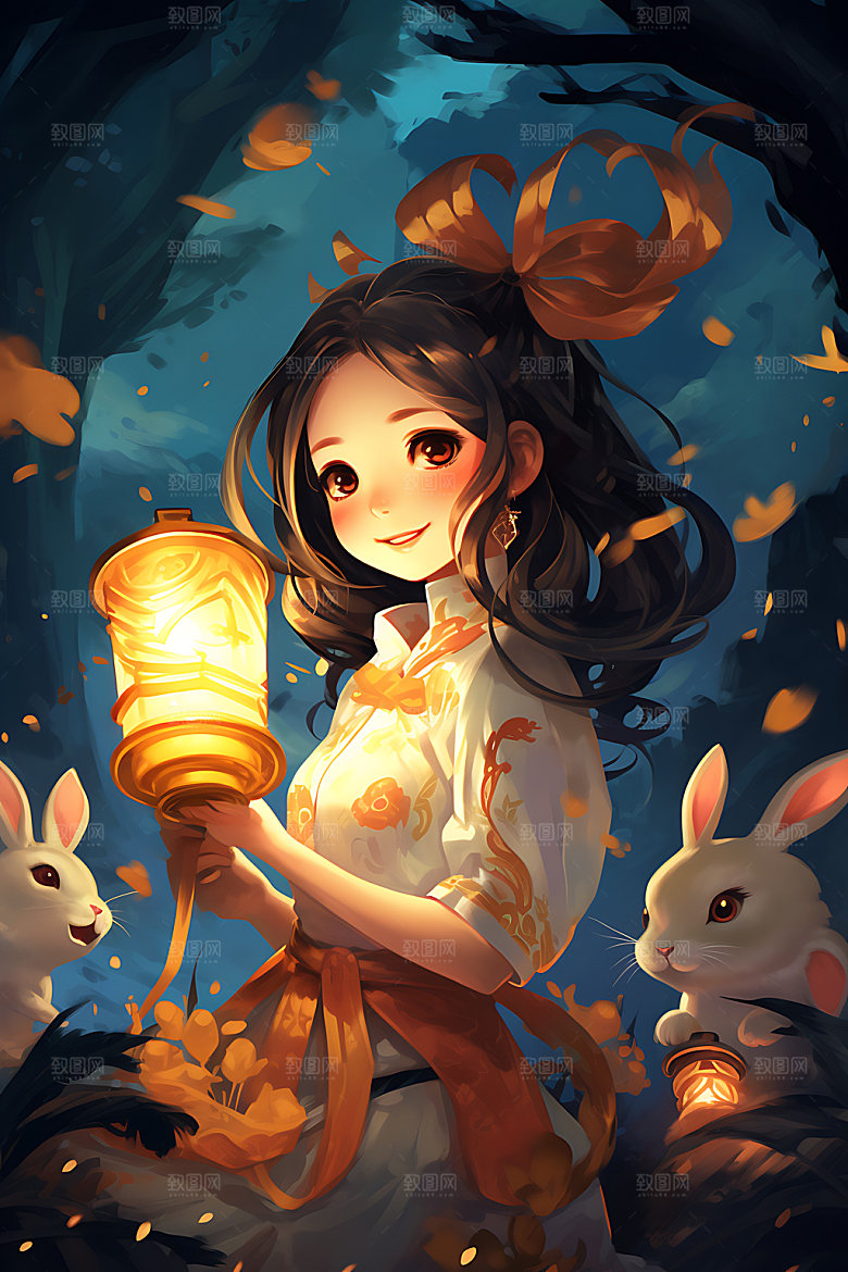 玉兔和女孩月圆艺术插画