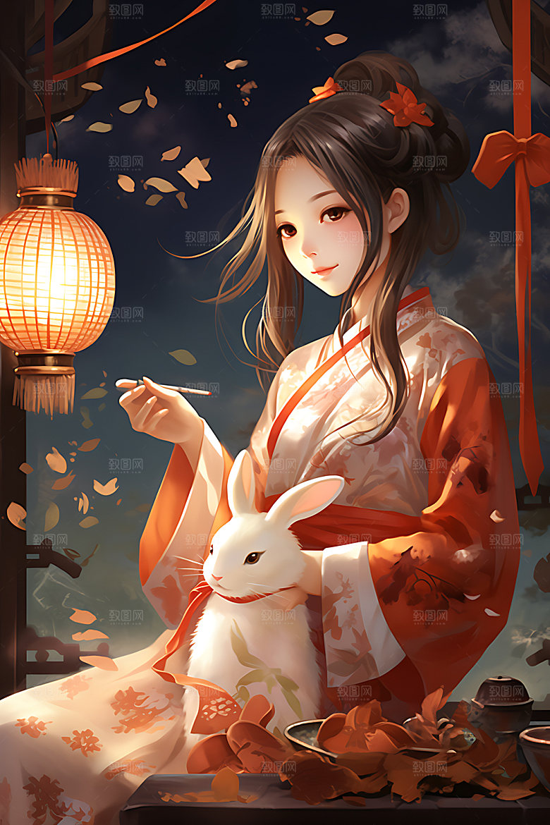 玉兔和女孩中国风卡通风格插画