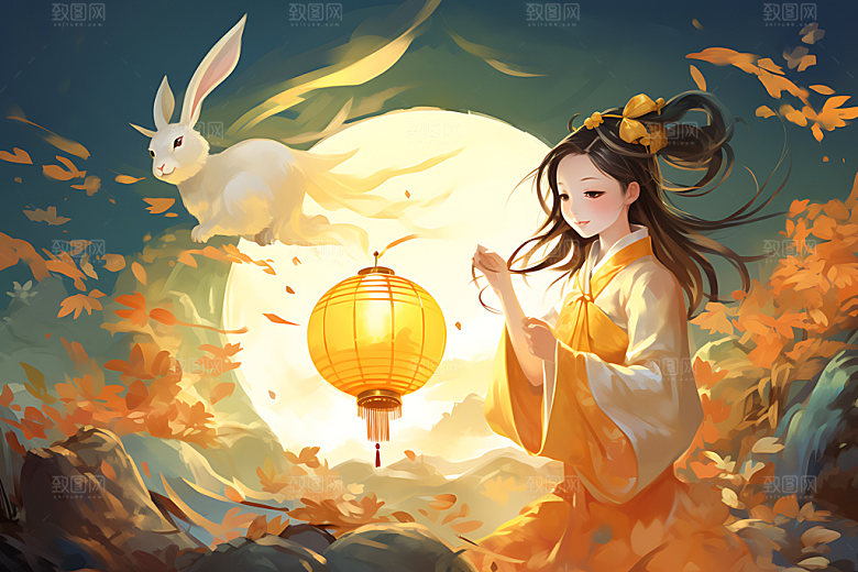 玉兔和女孩艺术中秋节插画