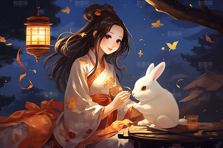 玉兔和女孩月圆手绘插画