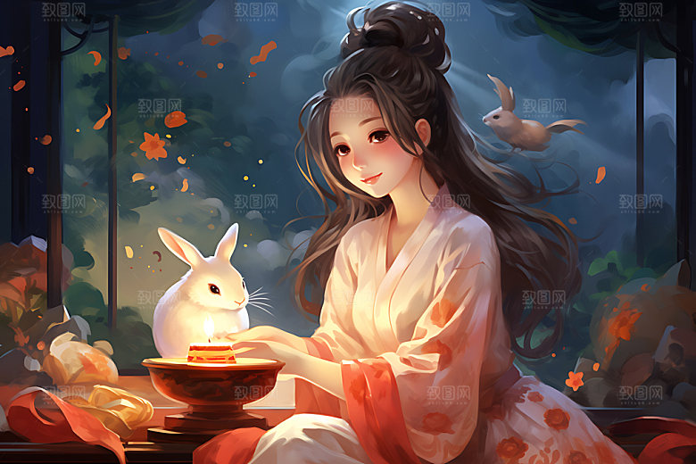 玉兔和女孩传统文化月圆插画
