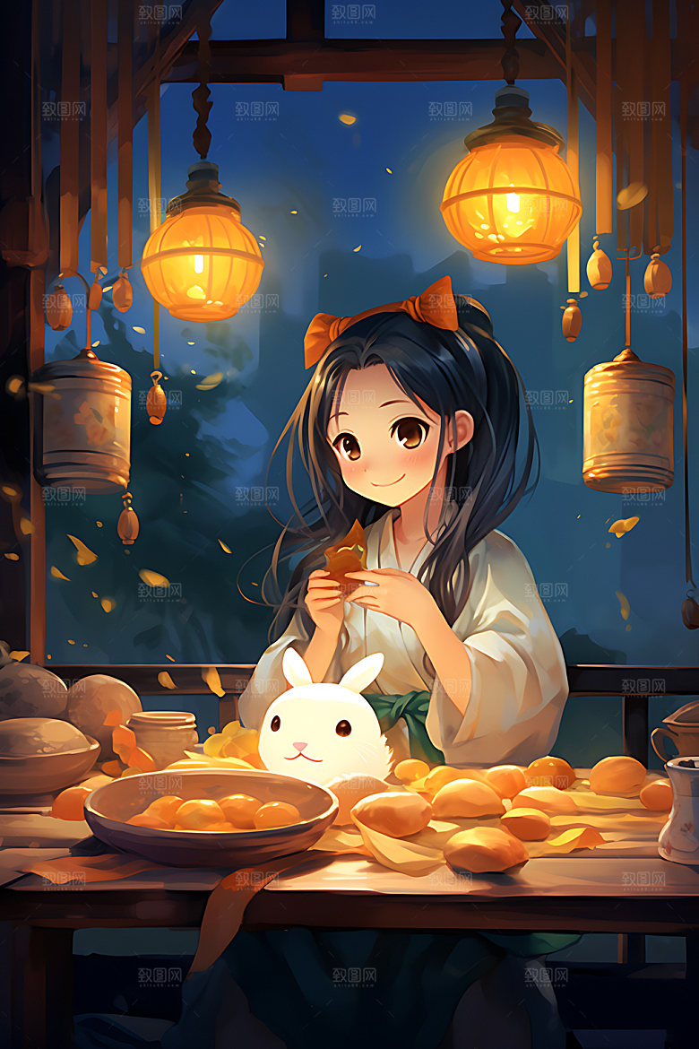 玉兔和女孩艺术唯美插画