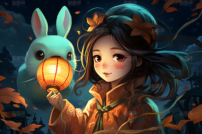 玉兔和女孩中国风艺术插画