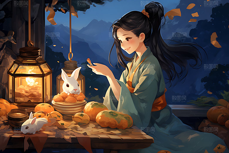 玉兔和女孩传统文化艺术插画