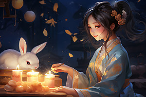 玉兔和女孩传统文化中秋节插画