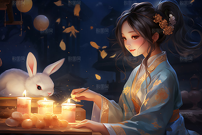 玉兔和女孩传统文化中秋节插画