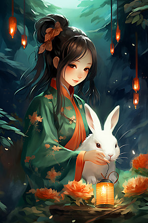 玉兔和女孩卡通风格中国风插画