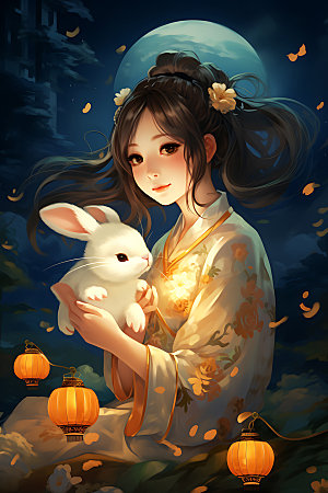 玉兔和女孩中秋节手绘插画