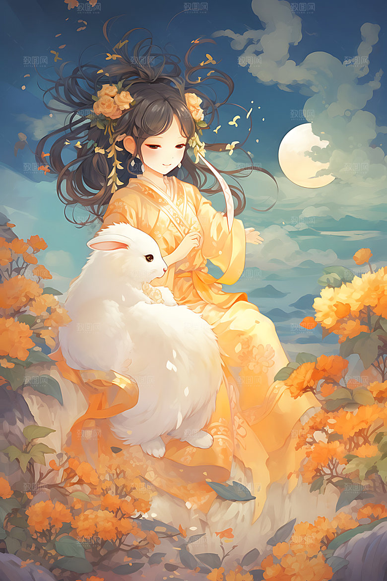 玉兔和女孩中秋节手绘插画