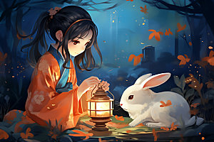 玉兔和女孩中国风唯美插画
