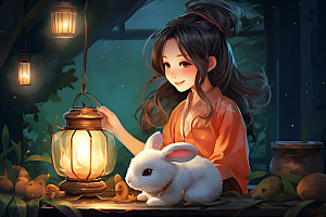 玉兔和女孩唯美中秋节插画