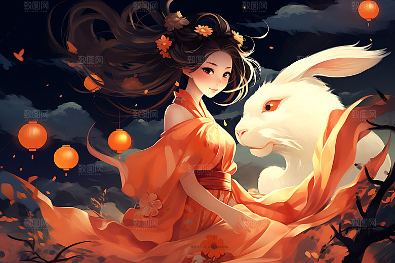 玉兔和女孩手绘传统文化插画