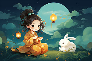 玉兔和女孩中国风艺术插画