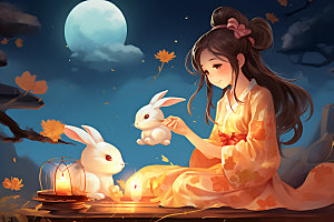 玉兔和女孩传统文化艺术插画