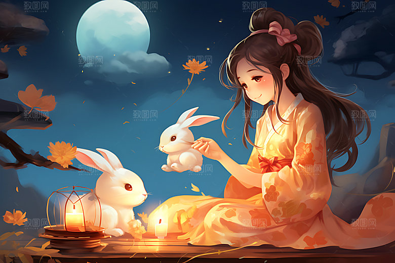 玉兔和女孩传统文化艺术插画