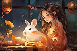 玉兔和女孩艺术中国风插画