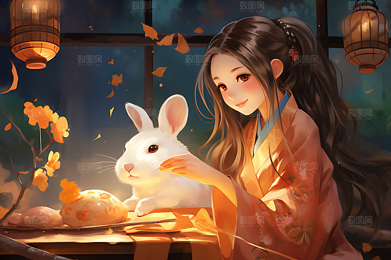 玉兔和女孩艺术中国风插画