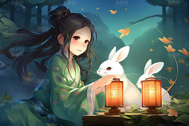 玉兔和女孩卡通风格中国风插画