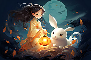 玉兔和女孩手绘中秋节插画