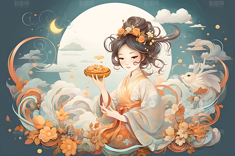 玉兔和女孩手绘月圆插画