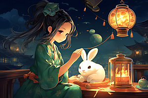 玉兔和女孩中秋节艺术插画