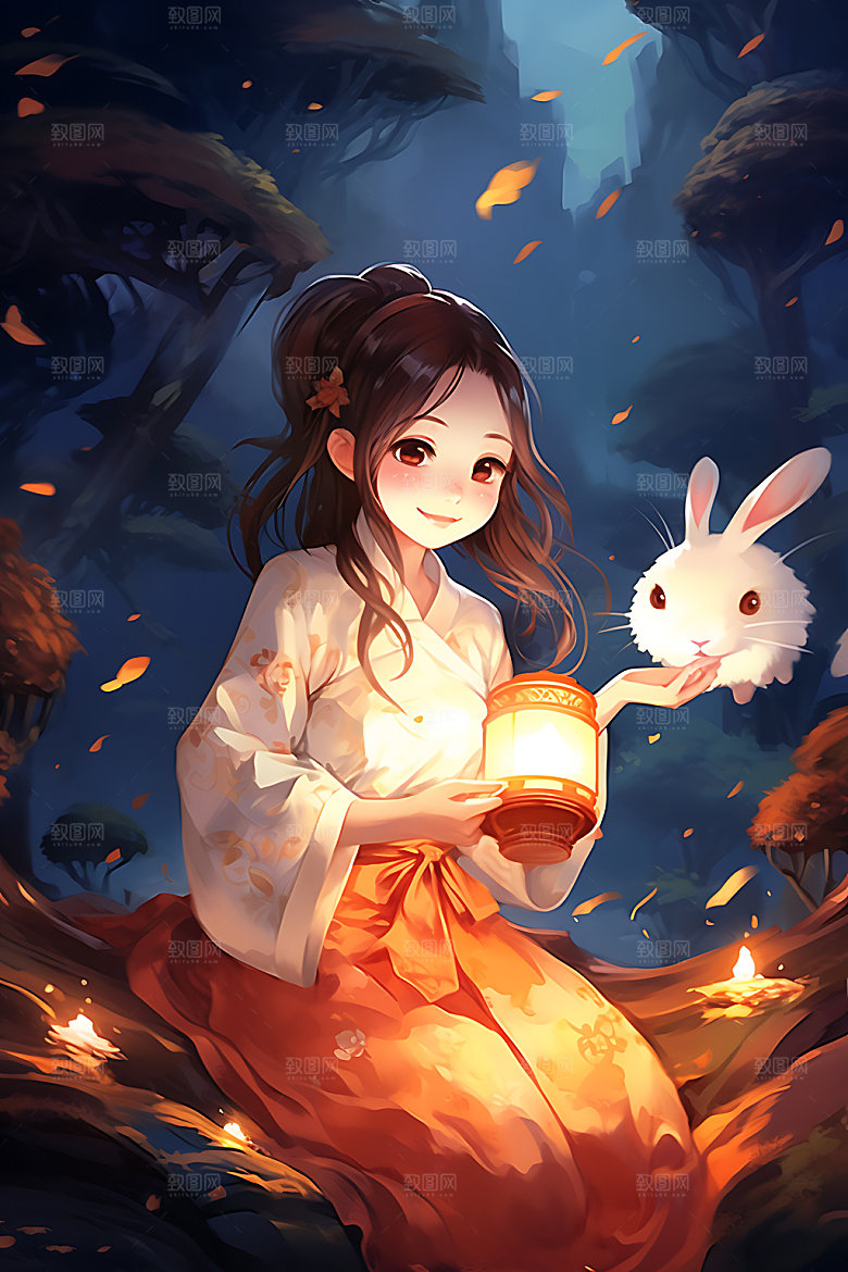 玉兔和女孩传统文化艺术插画