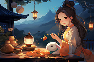 玉兔和女孩中秋节月圆插画