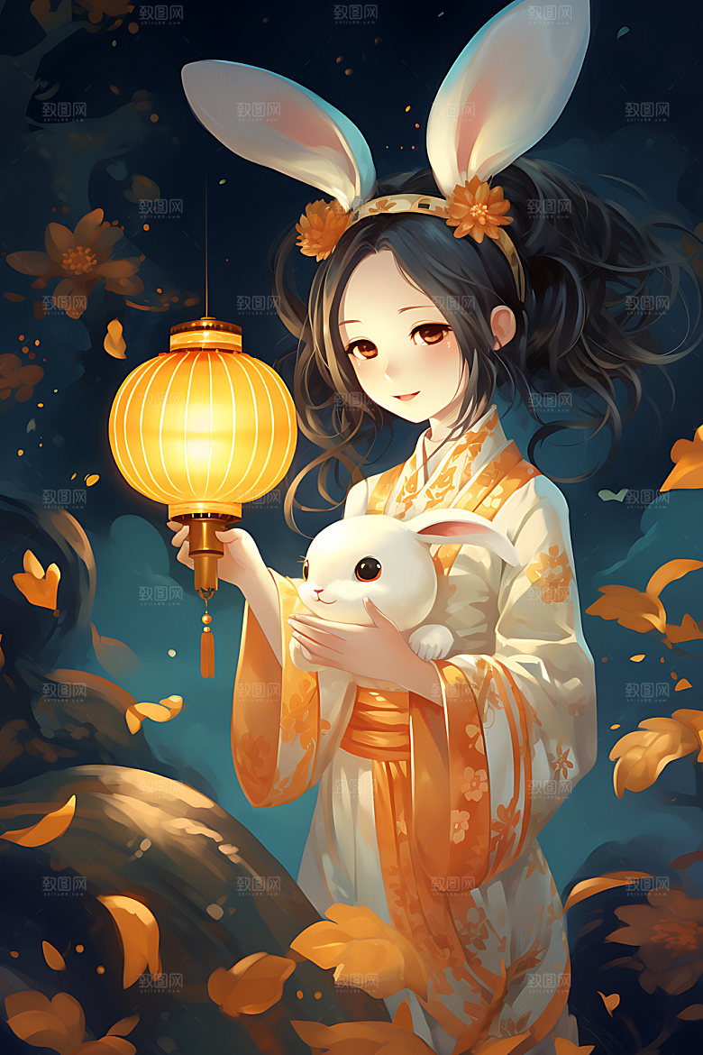 玉兔和女孩月圆艺术插画