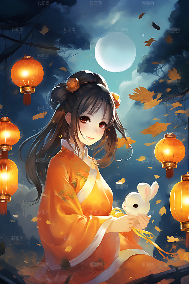 玉兔和女孩卡通风格中国风插画