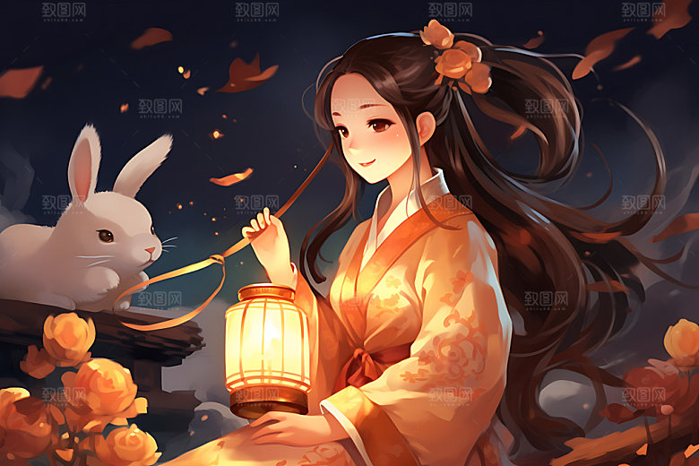 玉兔和女孩艺术卡通风格插画