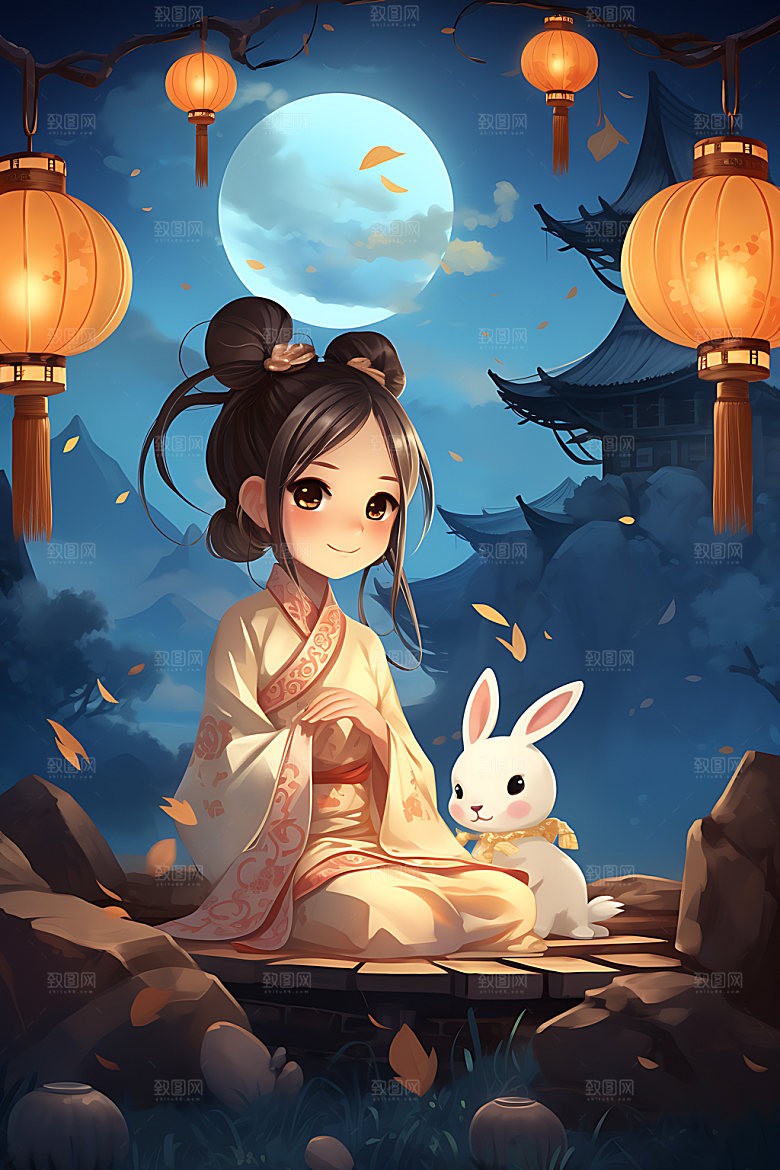 玉兔和女孩唯美手绘插画