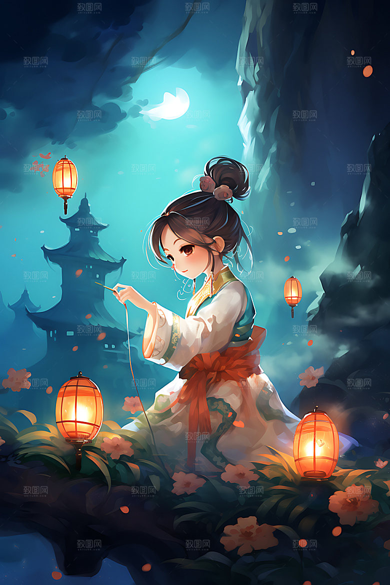 玉兔和女孩艺术中国风插画