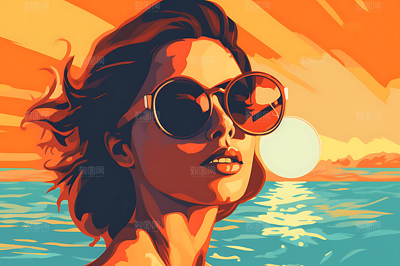 海边度假海滩夏天蒸汽波风格插画
