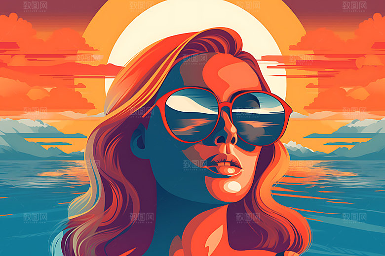 海边度假夏天唯美蒸汽波风格插画