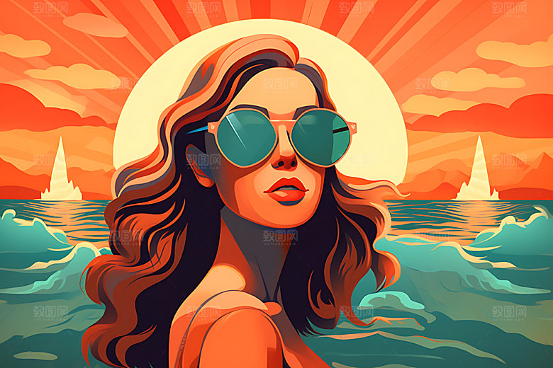 海边度假夏日海岛蒸汽波风格插画