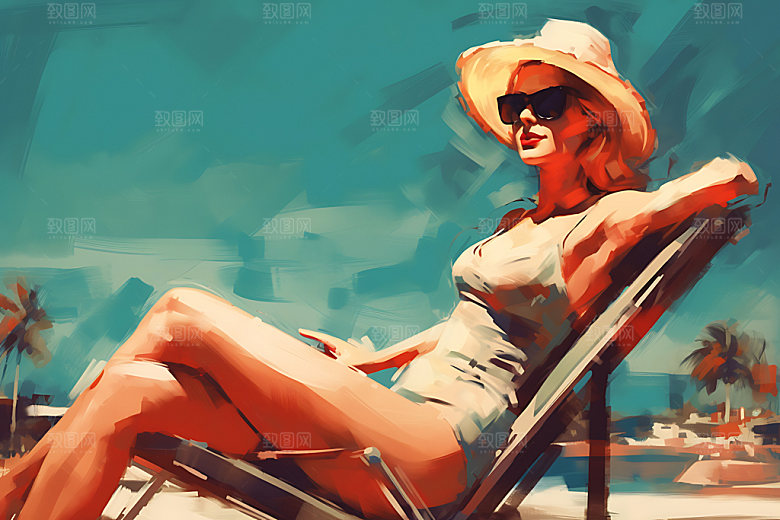 海边度假夏日休闲蒸汽波风格插画