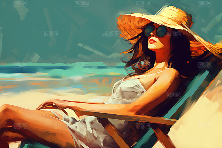 海边度假夏天海岛蒸汽波风格插画