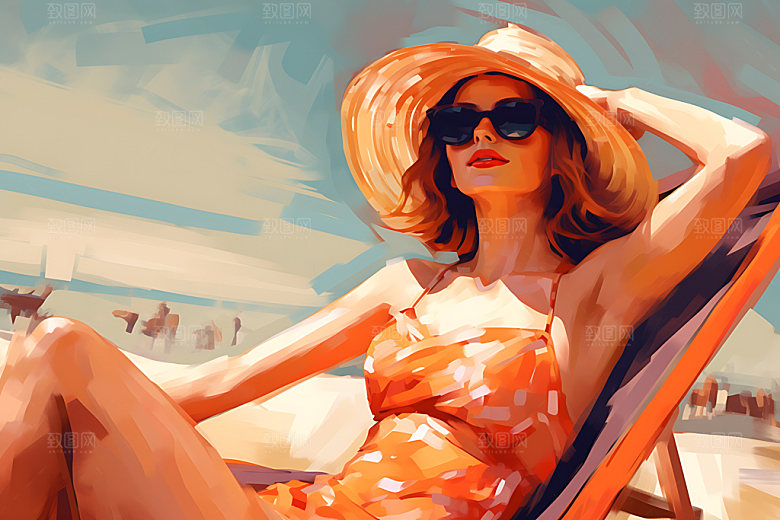 海边度假夏日唯美蒸汽波风格插画