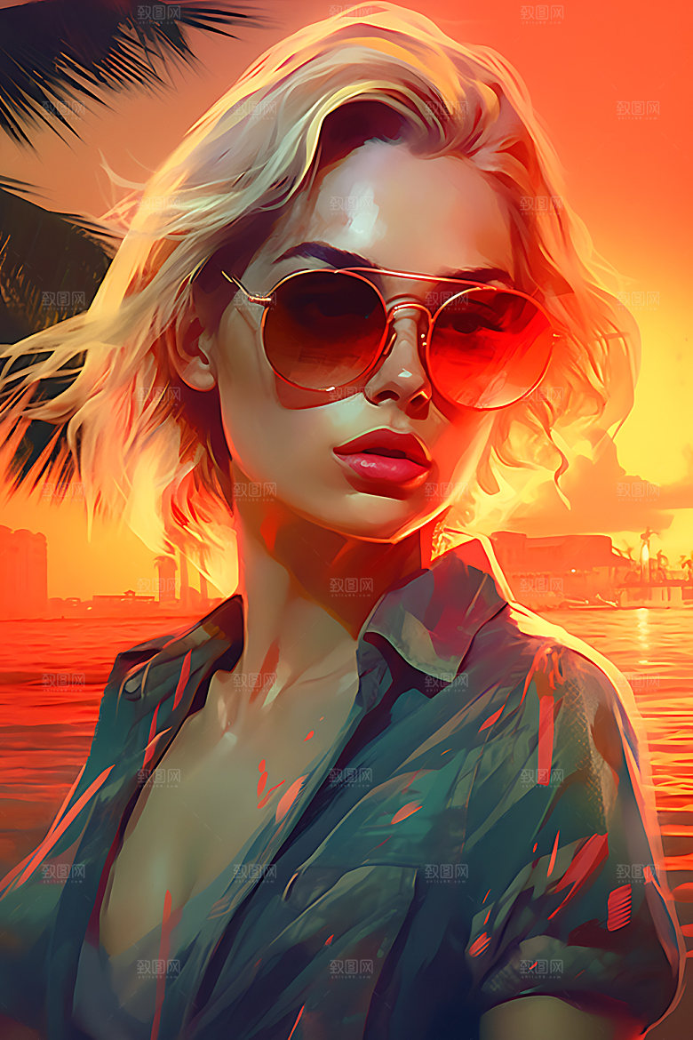 海边度假海滩唯美蒸汽波风格插画