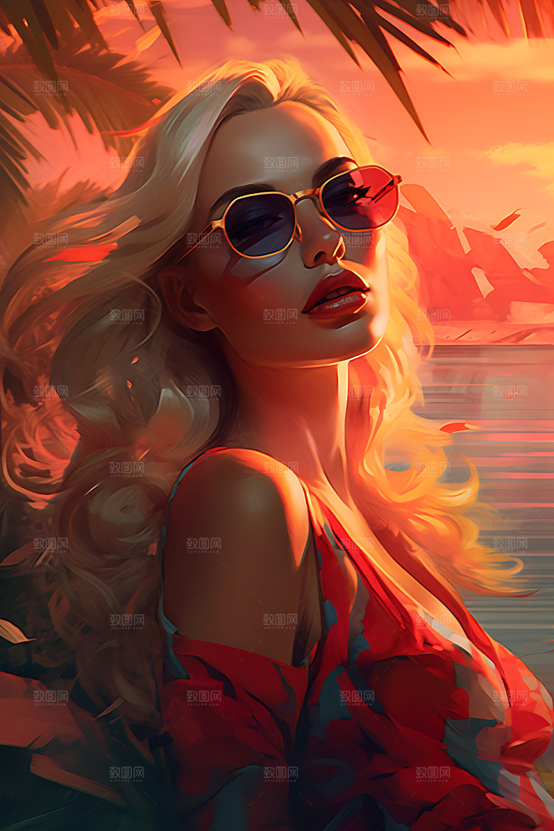 海边度假夏天夏日蒸汽波风格插画